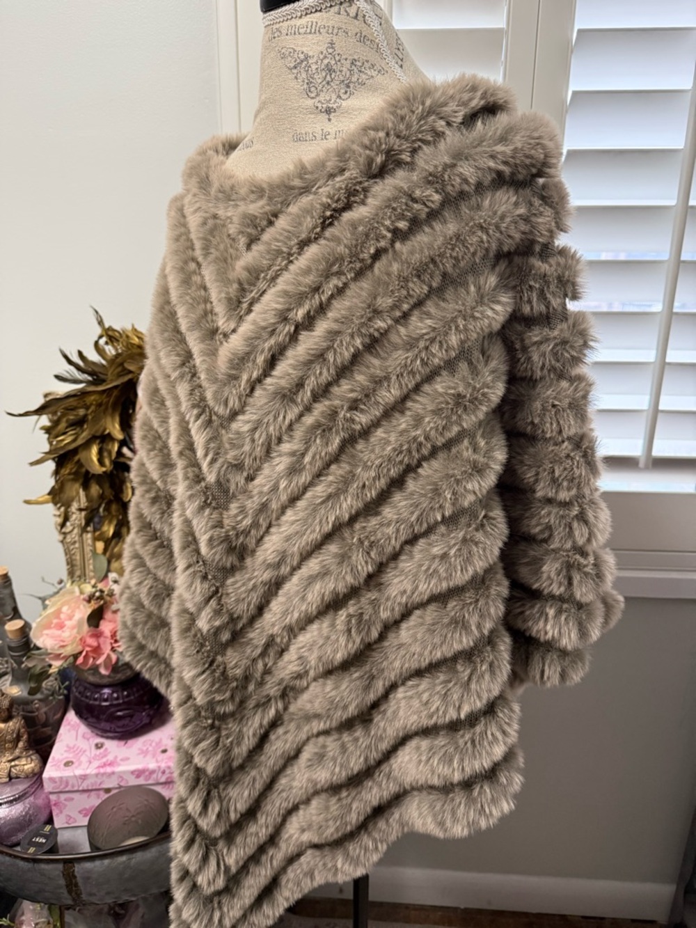 Fabulous Furs Taupe Faux Fur Chevron Cape